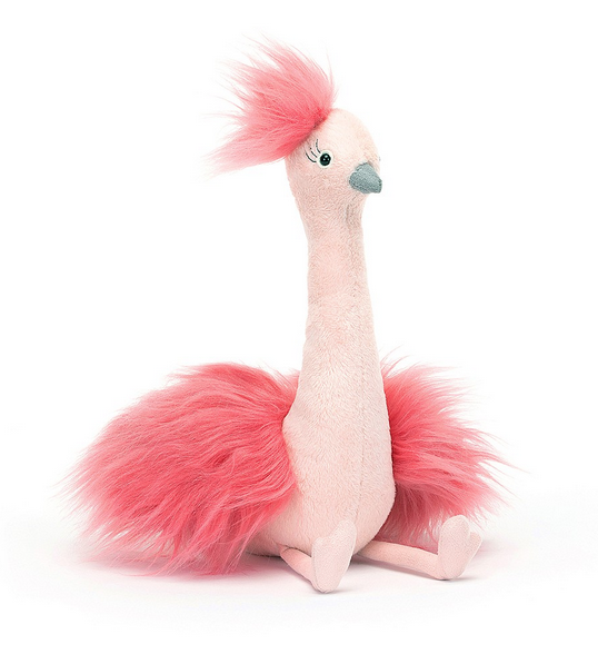 Pink Fou Fou Ostrich plush by Jellycat. Whispy pink feathers adorn the head and tail feathers.