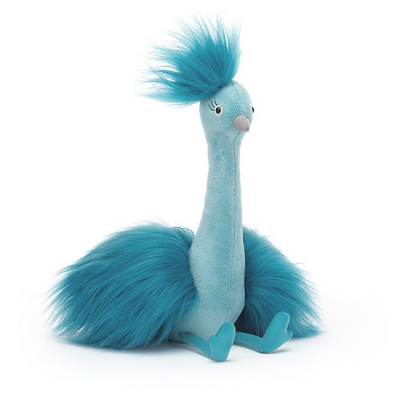 Peacock blue whispy Fou Fou Peacock plush by Jellycat.
