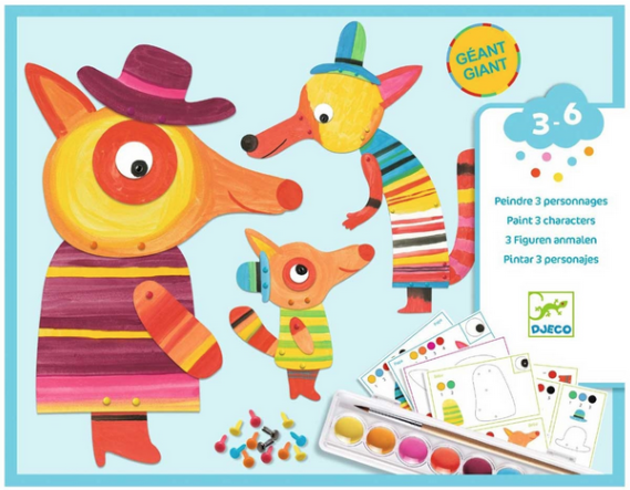 Paint the fox family kit for ages 3 to 6. Paint the pieces and attach with different fasteners to create parents and baby fox. Comes with plastic cloth to protect surfaces.