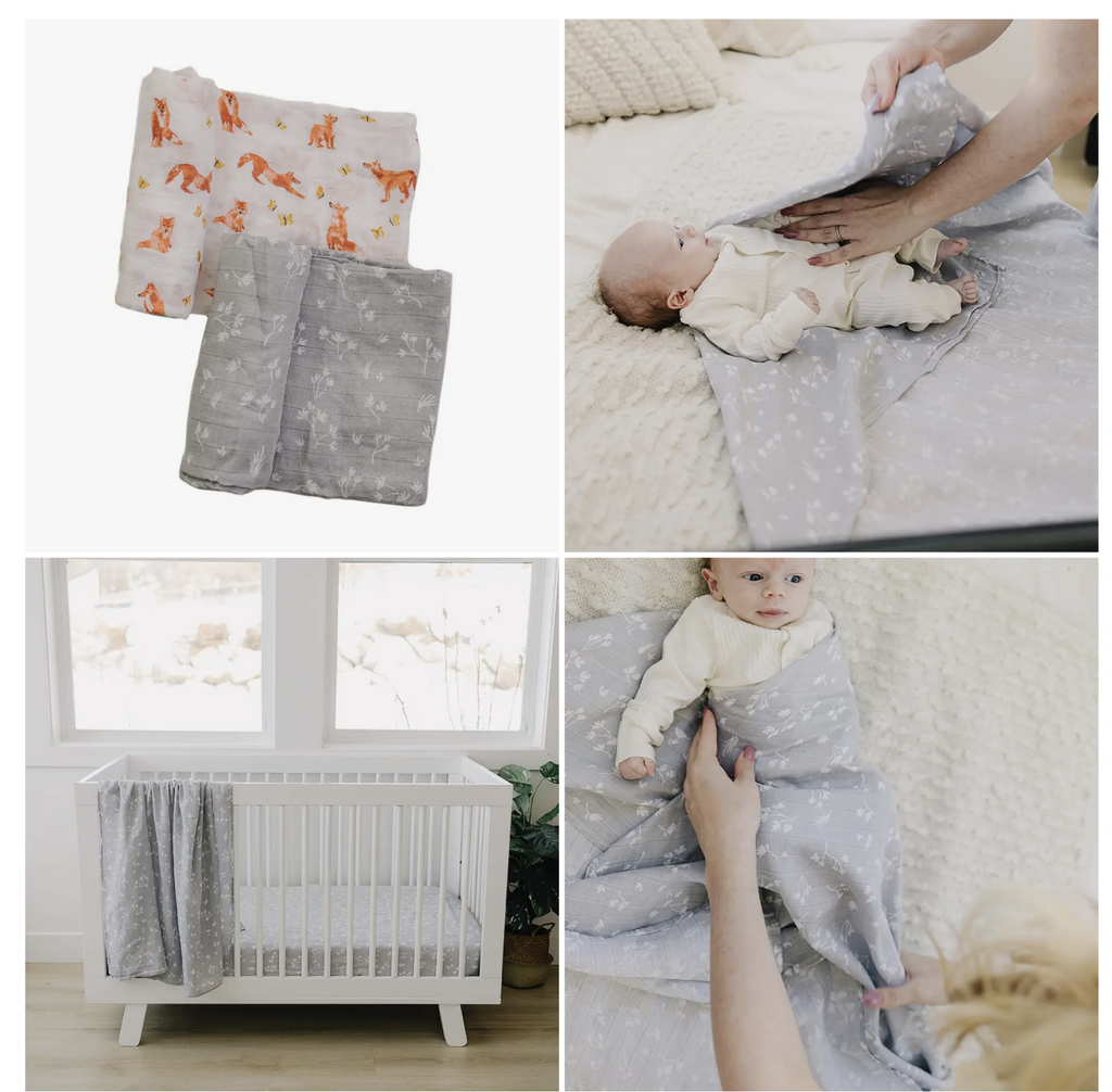 Set a two muslin baby swaddles. One white with orange fox print and other is grey with small white floral print. Shows baby being swaddled by caregiver, swaddle in a baby crib.