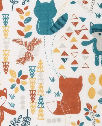 Muslin baby swaddle blankets with a boho raccoon and fox print.