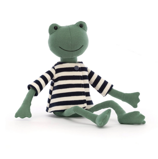 happy green long legged plush frog wearing a blue and white striped shirts.