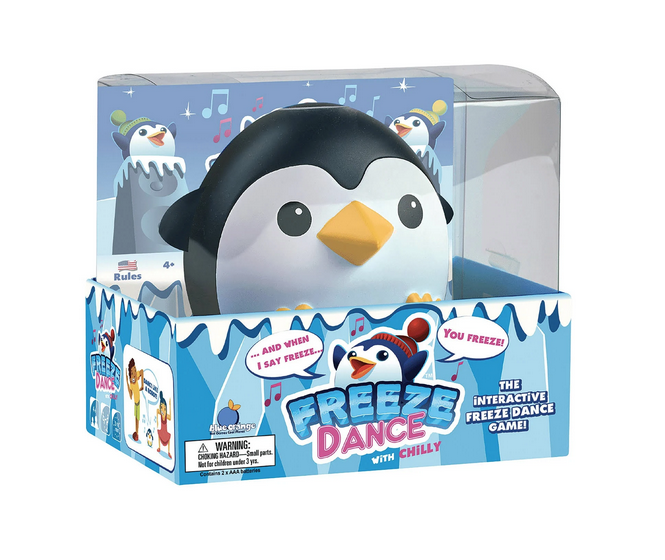 Freeze Dance with Chilly game box. Clear plastic box showing Chilly the Penguin used in game play. 