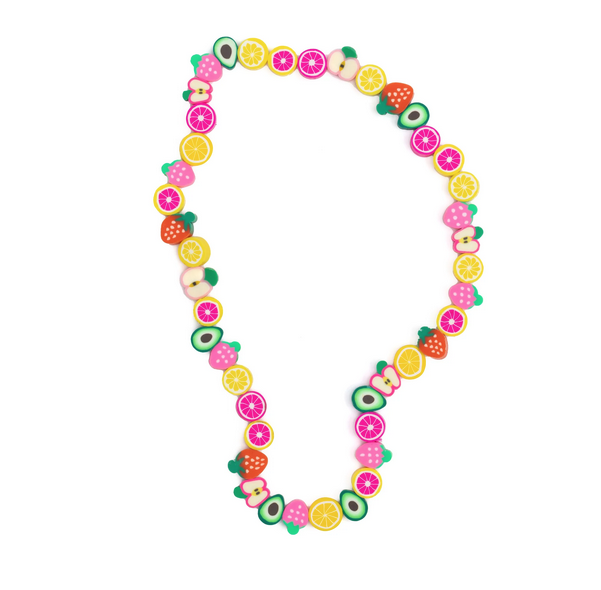 Fruity Tooty Necklace. It's strung with multiple fruit-shaped beads such as pink and red strawberries, green avocados, red apples, oranges, lemons, and pink grapefruit. Sized for ages 3 and up