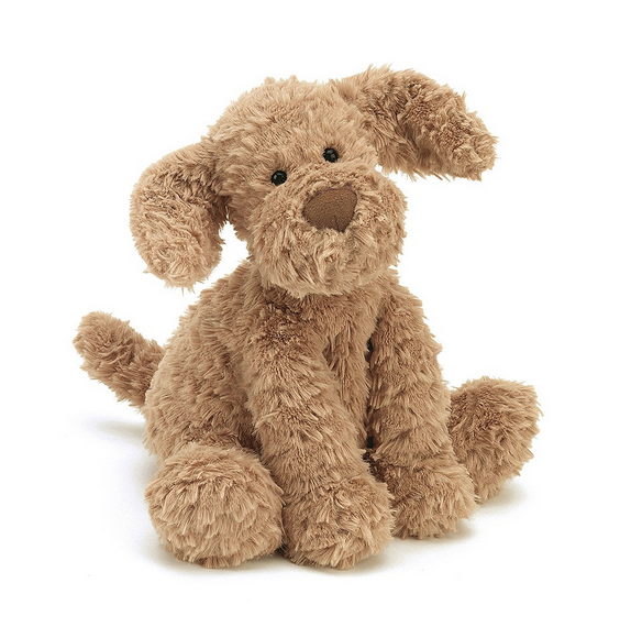 Fuddlewuddle Puppy plush with his scruffy brown fur in a sitting position. 