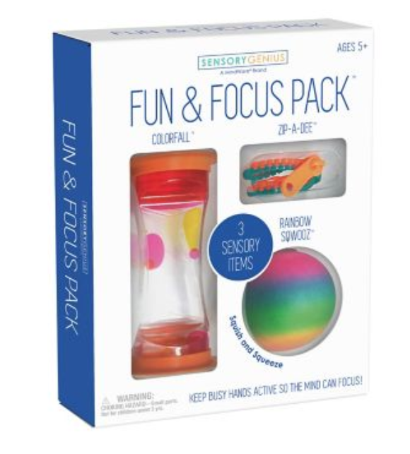 Fun and Focus sensory pack. Includes 3 sensory items- colorfall, rainbow sqwooz, and zip-a-dee.