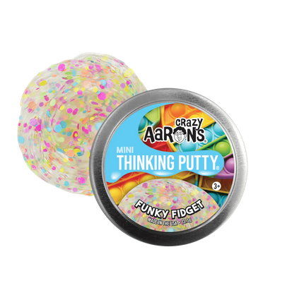 Round silver mini tin with colorful label reading Crazy Aaron's Mini Thinking Putty Funky Fidget.  The Funky Fidget putty is clear with rainbow confetti throughout. 