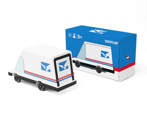 Futuristic wooden diecast mail van and the box. 