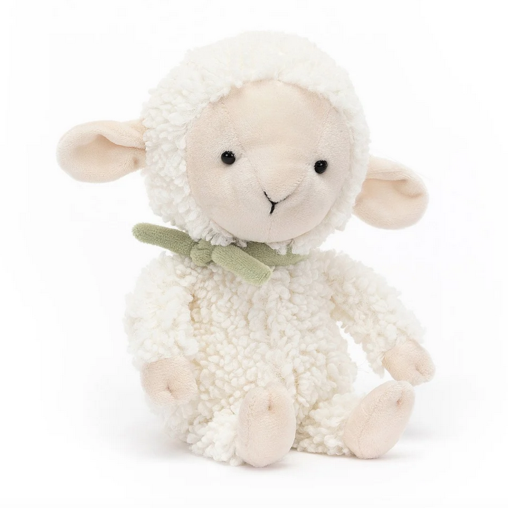 Fuzzy little lamb stuffed animal sitting up and facing forward with green kerchief around his neck, His face, ears, hands and feet are a sueded fur.  