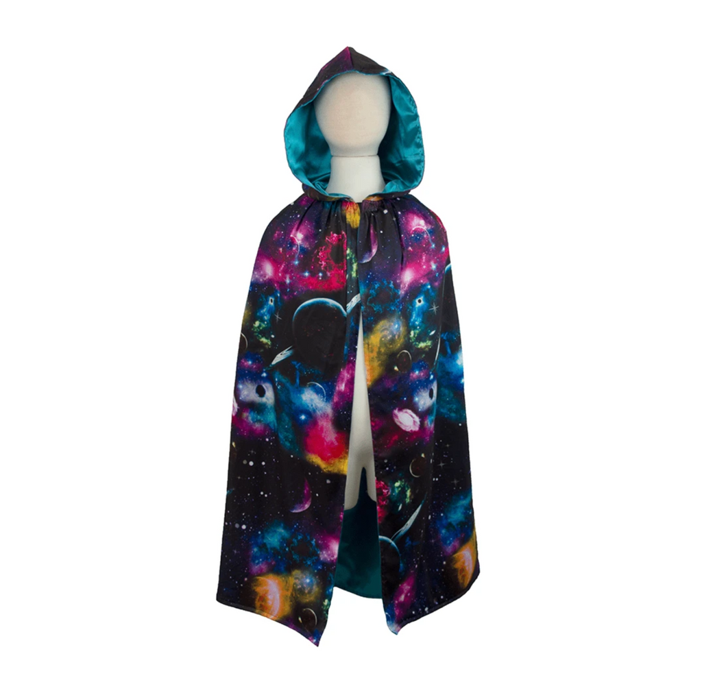 Beautiful satin cloak with planets and nebulas all over. Inside is lined with peacock blue satin.