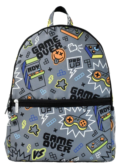 Cool dark grey gamer canvas backpack. Print has gaming icons like game over, pwr up, pixels, stars, controllers, and arcade games.