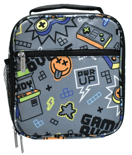 Cool dark grey gamer canvas lunch box. Print has gaming icons like game over, pwr up, pixels, stars, controllers, and arcade games.
