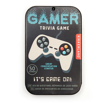 Perfect for on-the-go the Gamer Trivia Game has 50 trivia questions in a tin.