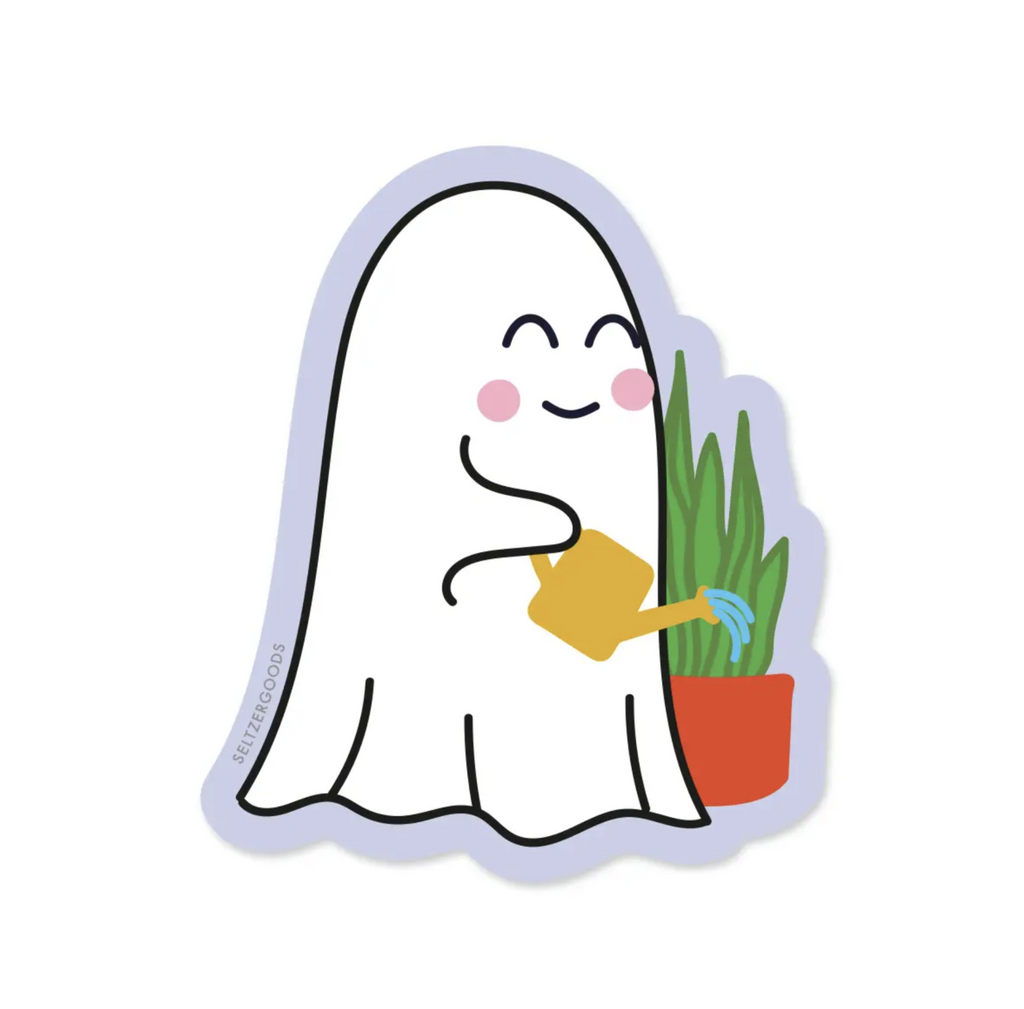 Diecut sticker of a smiling white ghost watering a plant.