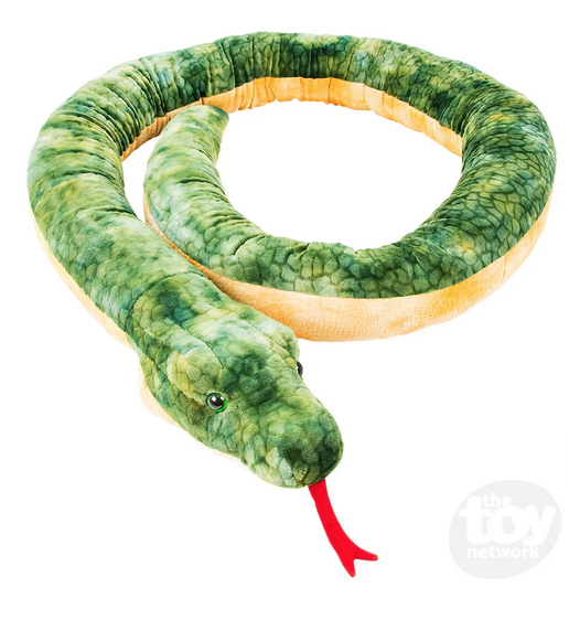 Giant plush anaconda that is various shades of green with  scale pattern, It is in a coiled position. 