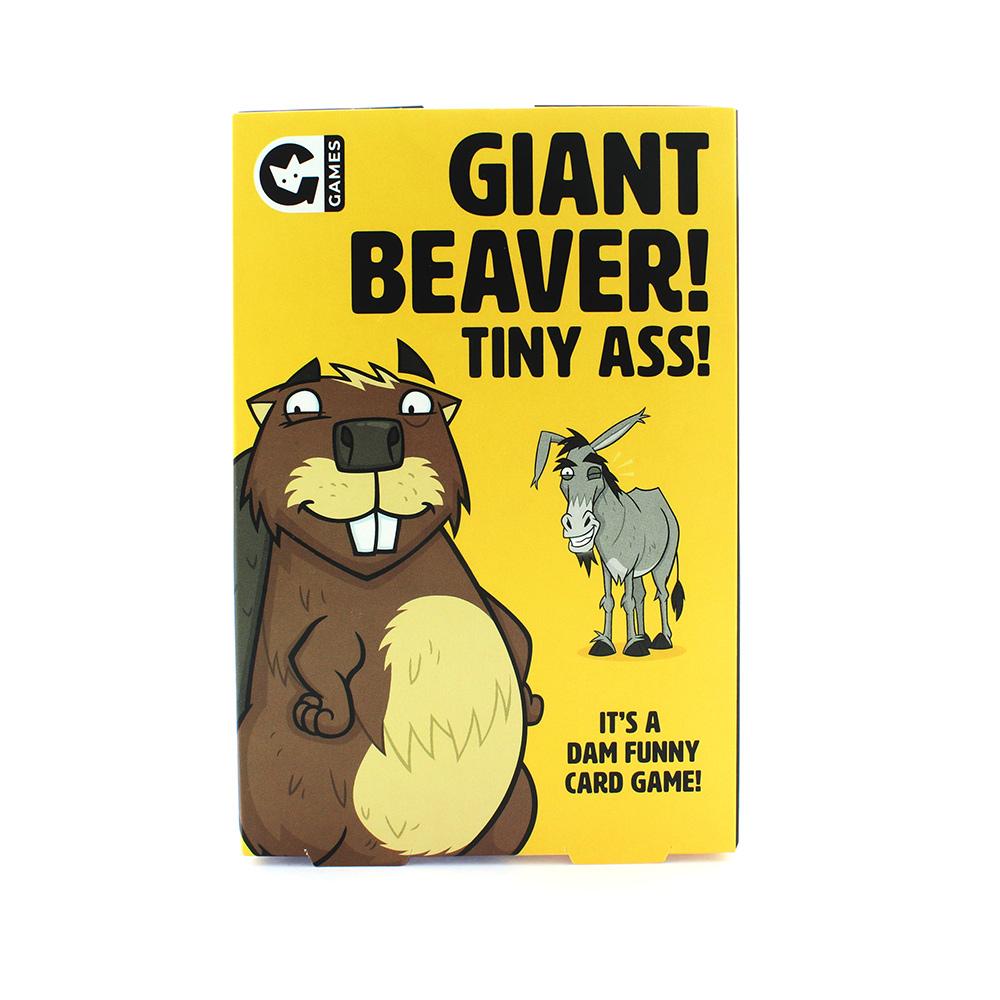 Box for game Giant Beaver! Tiny Ass! It's a dam funny card game! Box has illustrated beaver and donkey.
