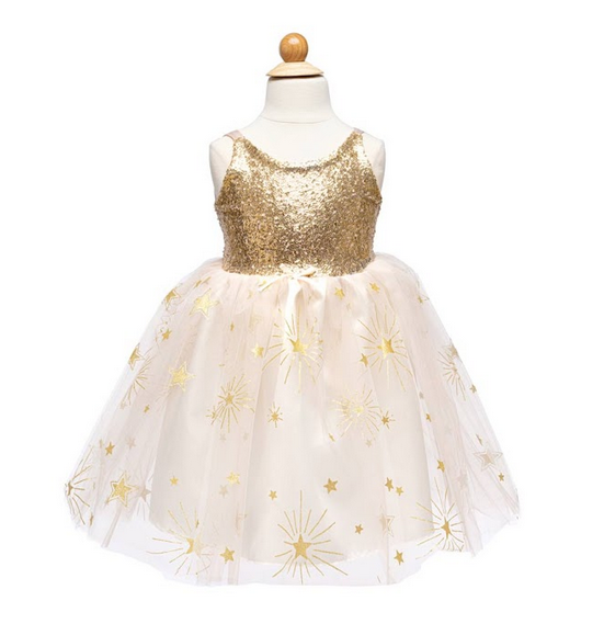 Glam gold party dress with gold sequins adorning the bodice of the dress. Sequins shimmer and reflect gold with the whimsical allure of sparkling sequins and stars!