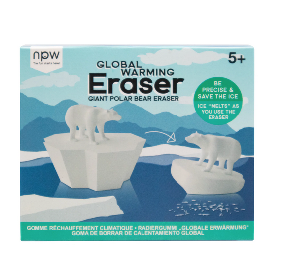 Global warming eraser box shows white polar bear on iceberg eraser that gets smaller as it's used.