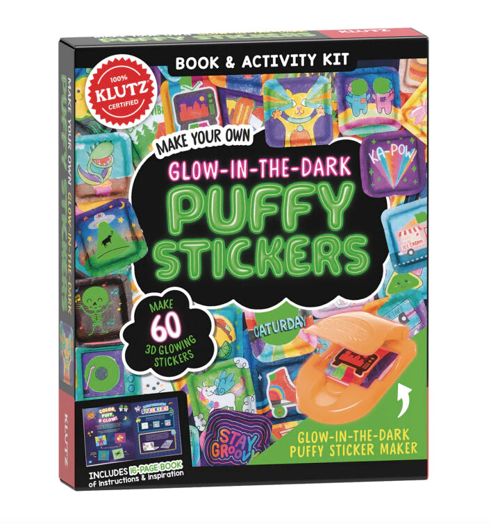 Klutz Make your own glow in the dark puffy stickers book and activity kit. Make 60 3d glowing stickers. Glow in the dark puffy sticker maker. Includes 16 page book of instructions and inspiration.