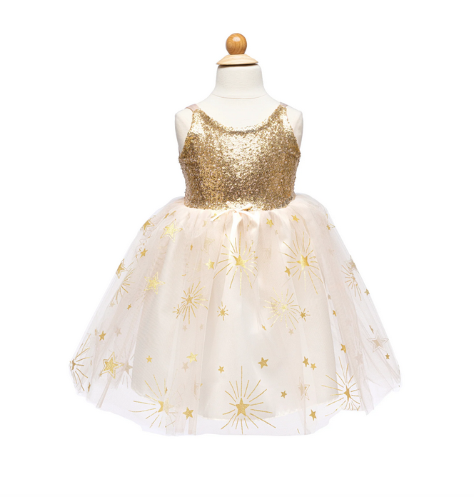 This beautiful party dress with gold sequins adorning the bodice of the dress and the whimsical allure of sparkling sequins and stars throughout the cream tulle skirt. 