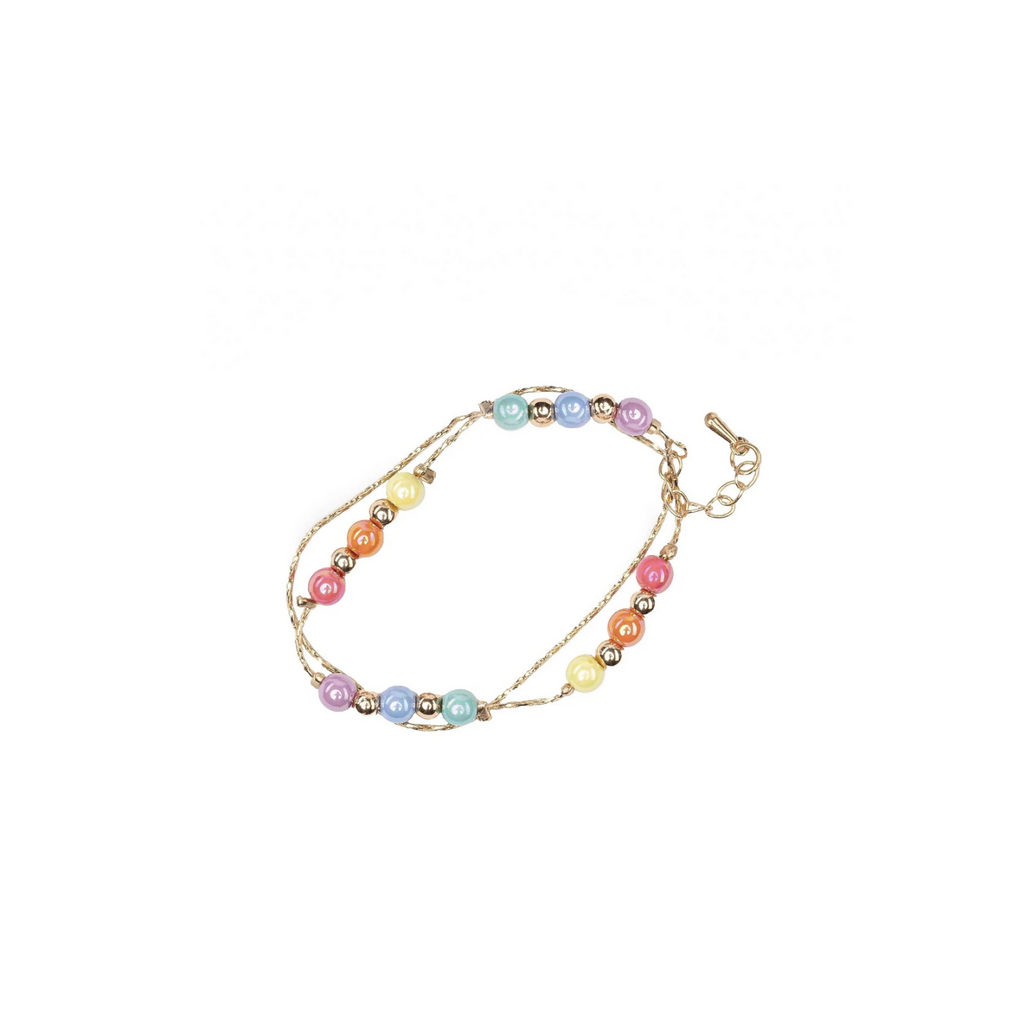 Dainty gold chain and shiny pastel bead bracelet.