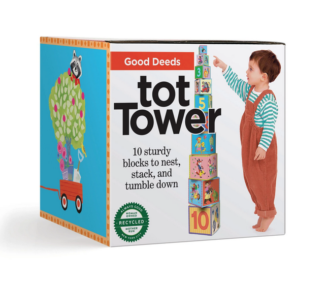 Good Deeds Tot Tower box. Glossy cardboard stacking blocks with an array of playful scenes and bold numbers.