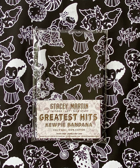 Black 100% Cotton bandana with Magic Bats, Ghoul Friends and Garden Gang by Stacey Martin Tattoos.