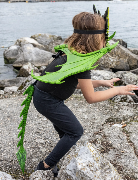 The dragon tail is being worn by a child along with green dragon  wings and mask.  The child is perched on rocks and is pretending to be a dragon. This dragon tail is made with a velcro waistband to sit around your child's waist, and the tail is made of vibrant green. The rubberized tail is made with scales and spikes for a realistic dragon look!
