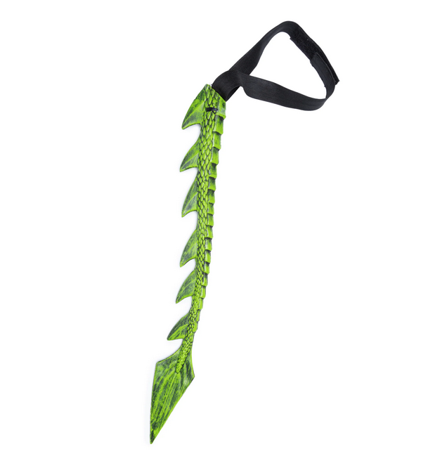 This dragon tail is made with a velcro waistband to sit around your child's waist, and the tail is made of vibrant green. The rubberized tail is made with scales and spikes for a realistic dragon look!