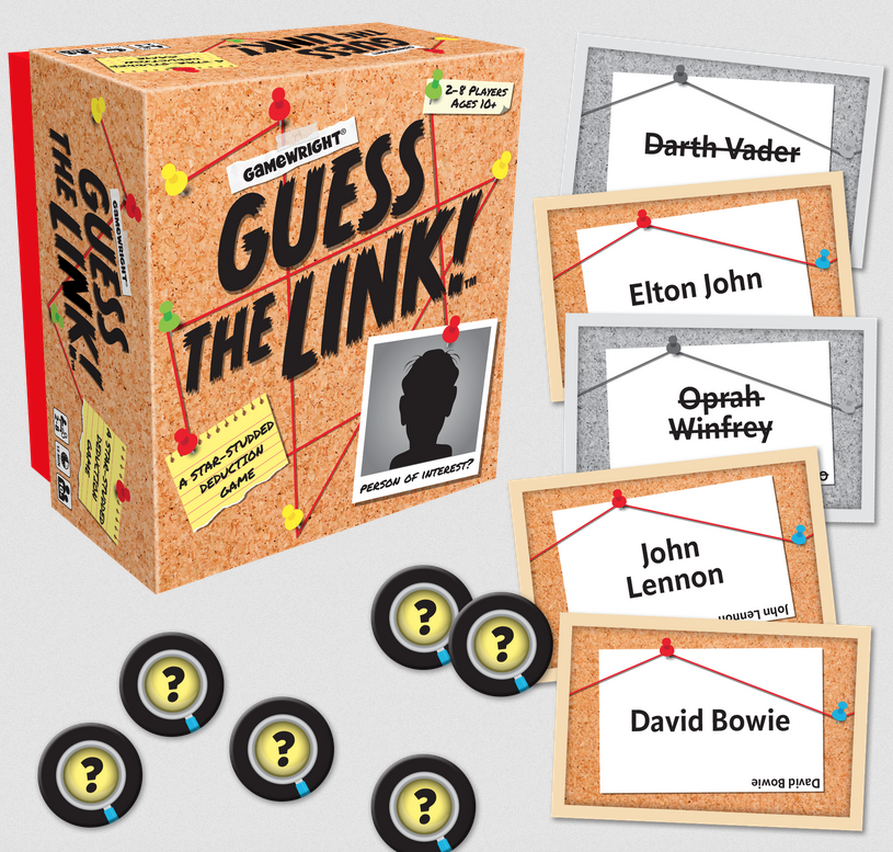 It’s a who’s who of whodunits! Deal out a grid featuring 16 celebrities and other notable characters. One player secretly comes up with a common bond that links three of them. The rest must work together to ask questions, eliminate suspects, and figure out the covert connection before running out of clues! 