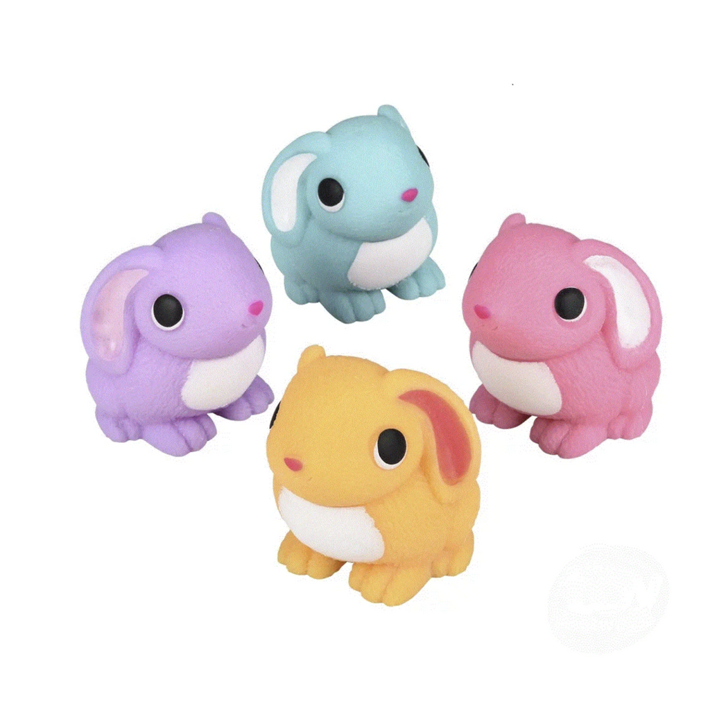 Gummy Bunny Stretch toys in assorted colors of purple, blue, yellow and pink. 