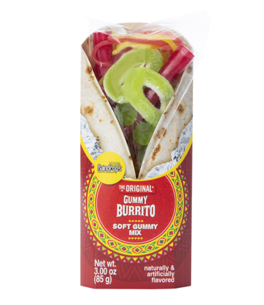 The Gummy Burrito has a variety of gummies and looks like a real burrito wrapped to eat on the go. 