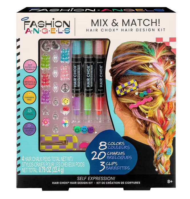 Box for Hair Chox Style and Design kit, with a clear plastic window showing the chalk pens, barrettes and charms included in the kit. There is also a picture of a person with frech braid using different colors, barrettes, and charms.