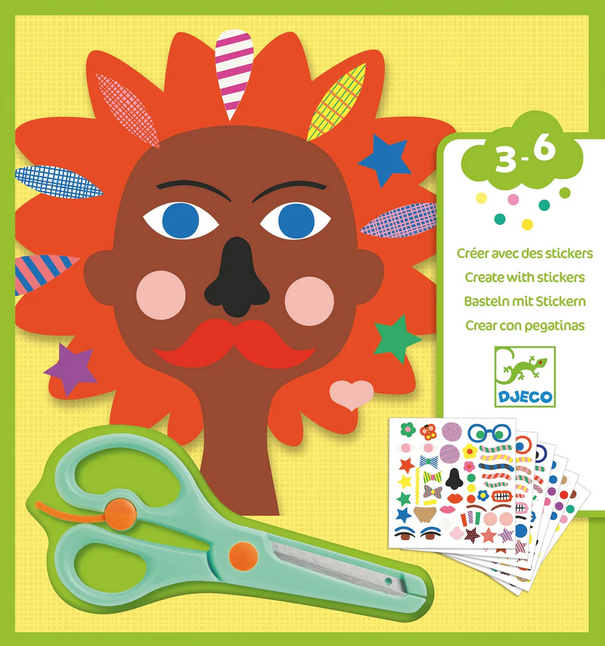 Hair dresser paper craft kit. Use stickers and included scissors to create different faces and hair styles. Ages 3 to 6.