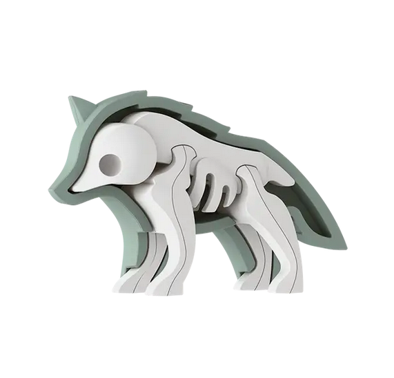 Hlaftoys wolf with one piece removed to show the skeleton. 
