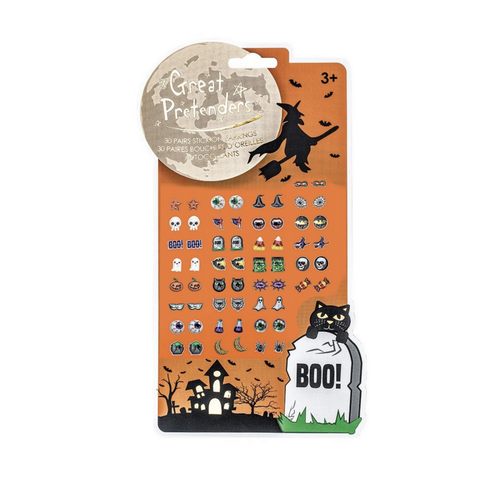  Halloween stick on earrings, 30 pairs in the package Designs include pumpkins, skulls, ghosts and more!