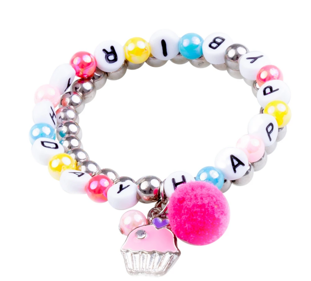 Silver bead bracelet for kids with letters that spell out happy birthday and a pink cupcake charm.