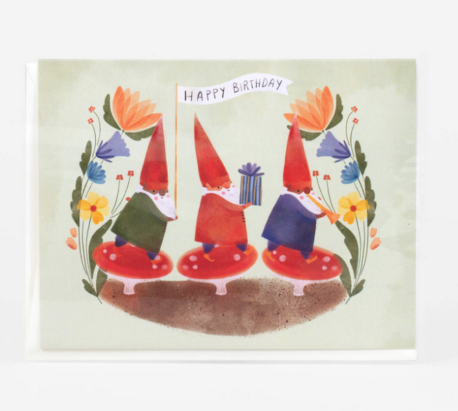 Illustration of three garden gnomes on top of mushrooms with presents and a flag that reads "Happy Birthday" 