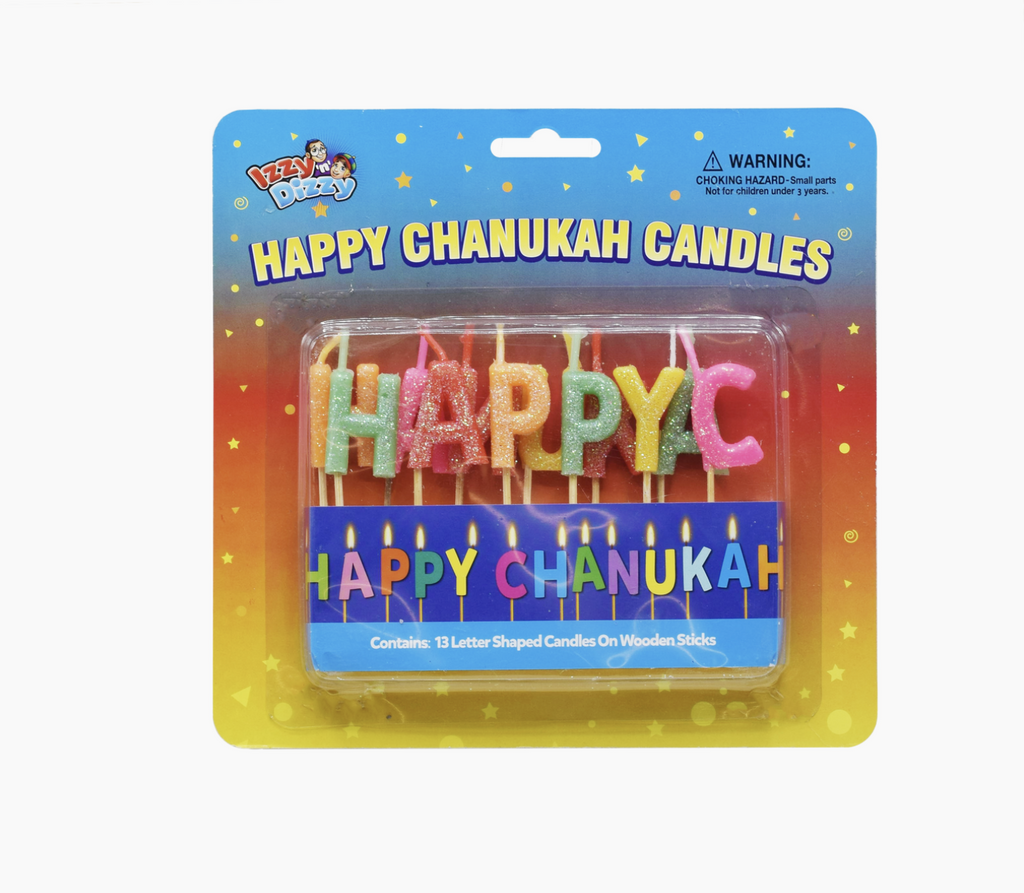 Sparkly letter candles that spell Happy Chanukah.