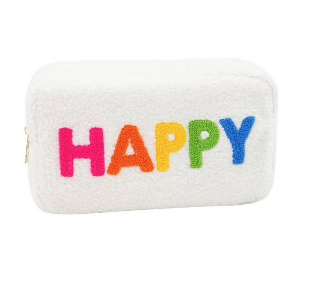 HAPPY spelled out in soft rainbow chenille letters on a soft white bag with a  bright gold zipper.