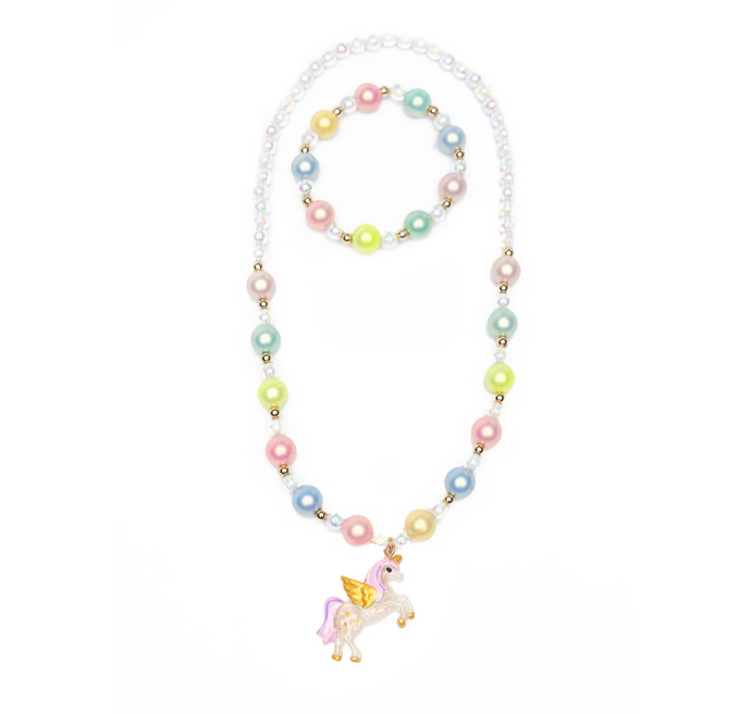 Happy Go Unicorn Necklace and Bracelet set.  Necklace has pastel multicolored beads with an adorable winged unicorn charm. The unicorn has a flowing pink mane and tail and a pair of golden wings. The bracelet matches the necklaces pastel beads. Sized for children ages 3 and up. 