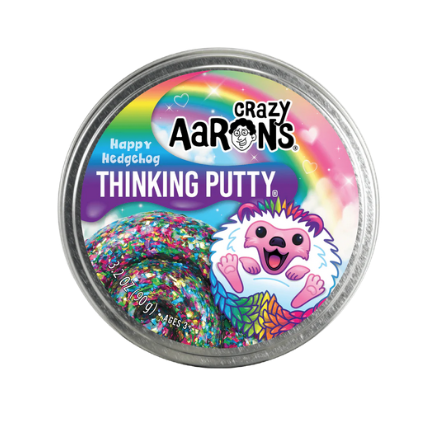 Happy Hedgehog Thinking Putty in a round tin. Colorful rainbow label with adorable hedgehog. 