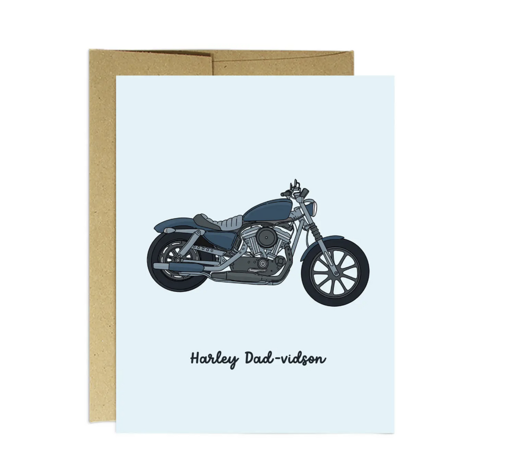 Father's day card with a motorcycle. Text reads Harley Dad-vidson.