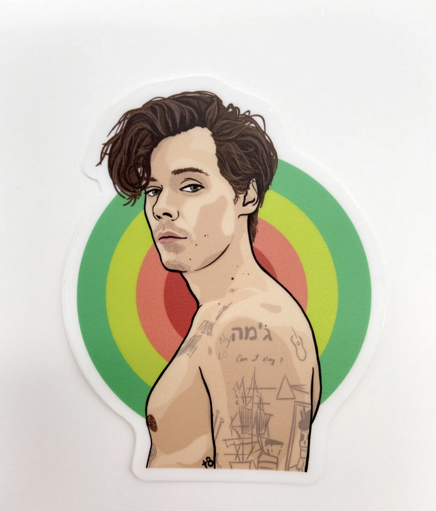Sticker of Harry Styles in a side profile in front of a target.