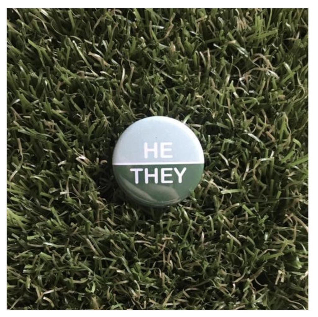 Button in grass. Button top half is light blue and reads He in white; bottom is green and reads They in white.