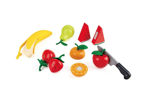Play set of wooden fruit with a plastic knife. Fruit has velcro and knife can be used to "cut" pieces apart, making a satifiying noise.
