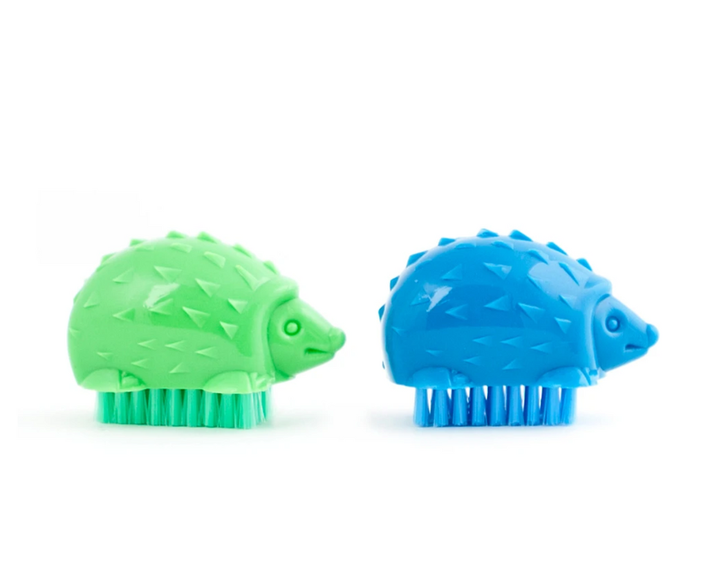 One green and one blue hedgehog shaped nail brush. The bristles match the color of the hedgehog. 