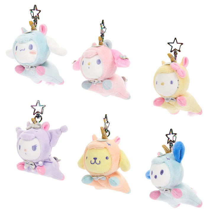 Hello Kitty characters dressed as colorful unicorns. Characters include Hello Kitty, My Melody, Pochacho, Pompompurin, Kuromi, and Cinnamoroll. 