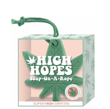 High Hopes Soap on a Rope. Green cannabis leaf shaped soap. 