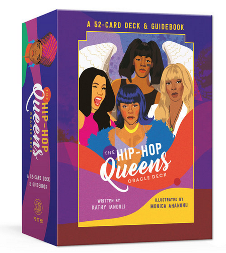 Box of The Hip Hop Queens 52 card deck and guidebook oracle deck. Illustrated with famous women performers like Lil Kim, Mary J Blige, Cardi B, Queen Latifah, and Left Eye.